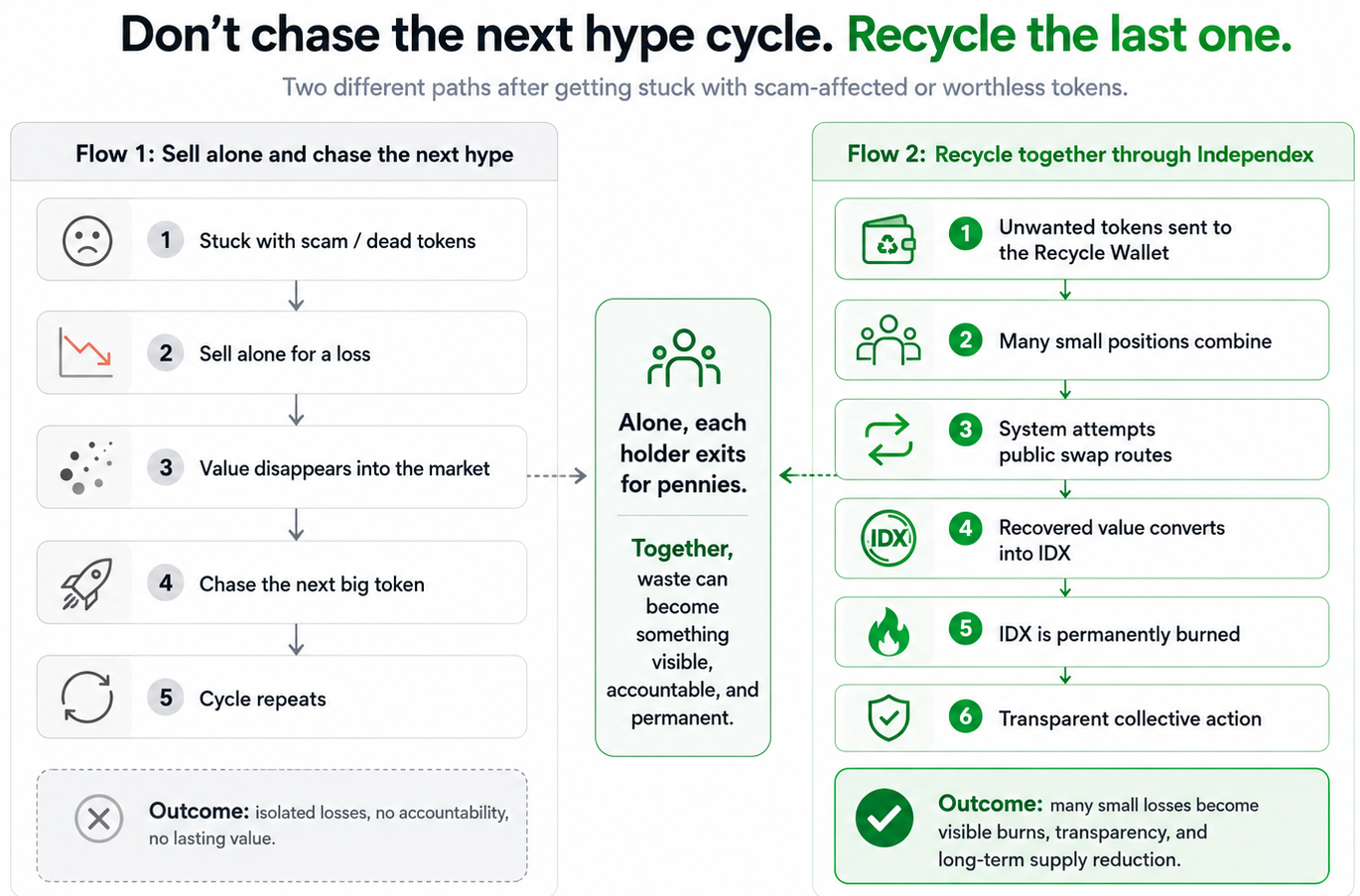 Diagram comparing selling scam-affected tokens alone versus recycling them together through Independex